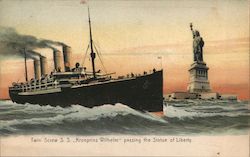 Twin Screw S.S. Kronprinz Wilhelm Passing the Statue of liberty Postcard