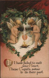 Two Cupids Melting Heart Over Fire Postcard