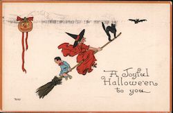 Witch Riding Broom with Pumpkin, Black Cat and Bat Postcard