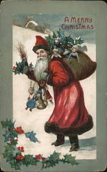 Santa Carrying Sack of Toys Up a Hill Postcard