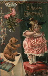 Child With Teddy Bear and Holly Postcard