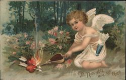 Cupid Stoking Flames of Hearts on Fire Postcard