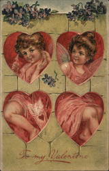 Cupids Faces and Legs in Hearts Postcard