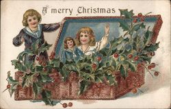 Children in Wicker Box Filled with Holly Postcard