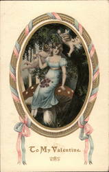 Woman Sitting on Mushroom as Cherubs Fly Around Her Postcard