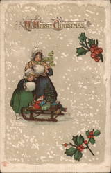 Mother and Child Looking at Sled With Toys Postcard