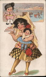 Child dressed in traditional Spanish attire carrying a doll and a fan Postcard