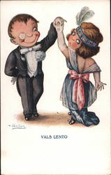 A cartoon of a couple dancing dressed in 1950s dress attire. Postcard