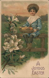 Child Sitting on Fence Holding Basket of Eggs Postcard