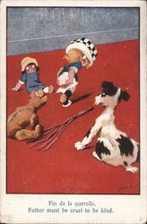 Child runs from scene of toys, dog and whip seemingly having been punished Postcard