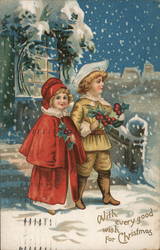 Children Walking in Snow and Carrying Holly Postcard