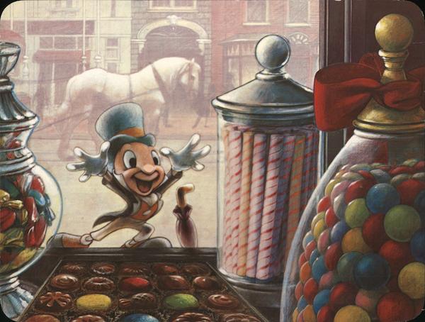Jiminy Circket looks into the window of a confectionary shop on Main St., USA. Disney World