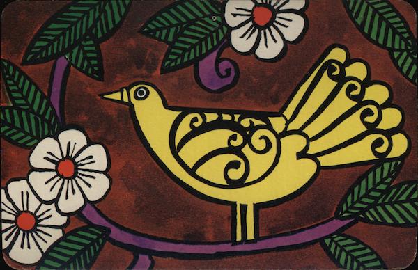 1965 A yellow bird on a branch surrounded by white flowers