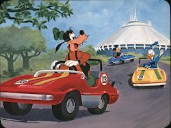MOTOR MANIA It's a race to the finish as Goofy, Donald and Mickey speed past Space Mountain Disney Large Format Postcard Large F Large Format Postcard