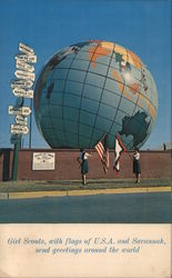 Girl Scouts, with flags of U.S.A. and Savannah, send greetings around the world Georgia Large Format Postcard Large Format Postc Large Format Postcard