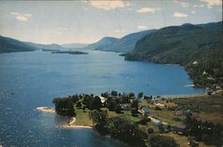 Looking south on Lake George over Sabbath Day Point showing Deer Leap Mt. on right Large Format Postcard