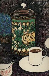 1965 Decorated coffee canister with mug and saucer and creamer Large Format Postcard
