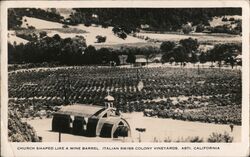 Church Shaped Like a Wine Barrel. Italian Swiss Colony Vineyards. Asti, California Postcard