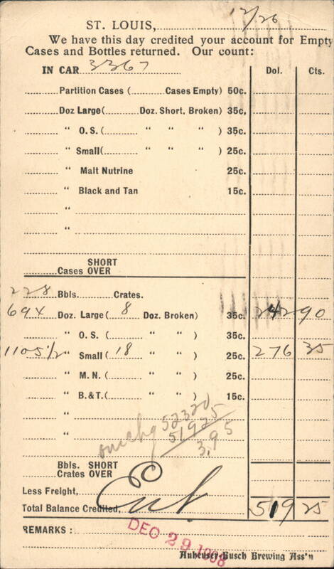 Anheuser Busch Brewing Co Empty Bottle Return St. Louis Missouri