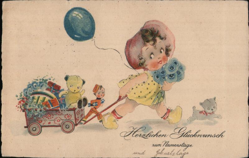 Girl pulling a wagon of Toys Children