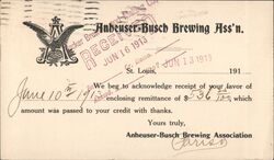 Anheuser-Busch Brewing Association Receipt Postcard Postcard