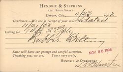 Hendrie & Stephens Rubber Belting Order Confirmation Postcard