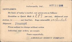 American Hominy Company Price List Postcard