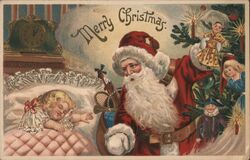 Merry Christmas Santa & Girl, Embossed Postcard
