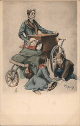 Poor French Family, Artist Signed de Beuvais Postcard