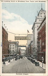 Looking North on Broadway from Taylor and Broadway, Portland Postcard