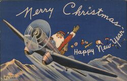 Merry Christmas Happy New Year Airplane Santa Postcard
