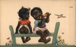 Black Americana Boy Playing Harmonica Postcard
