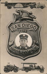 San Diego Fire Department Badge & Trucks Postcard