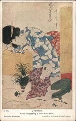UTAMARO. Child Upsetting a Gold-fish Bowl. Postcard