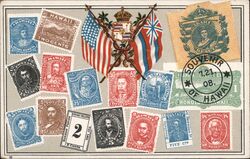 Souvenir of Hawaii Postcard with Crossed Flags and Stamps Postcard