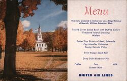United Air Lines Menu, New England Church, Fall Foliage Postcard