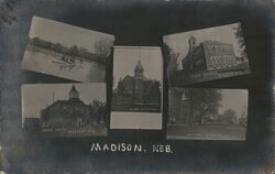 Madison, NE Courthouse, School, Main Street & River Postcard
