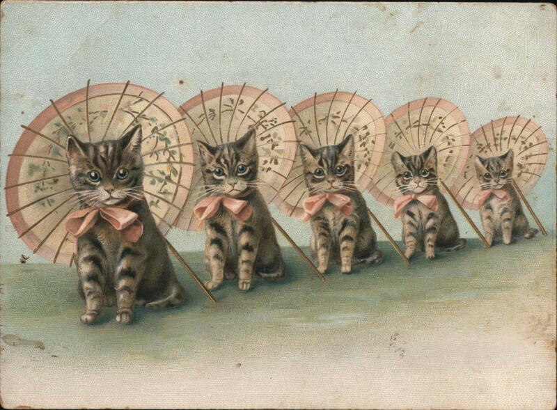 Five Kittens with Parasols and Pink Bows Cats