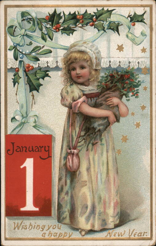 January 1 New Year Postcard, Little Girl with Holly