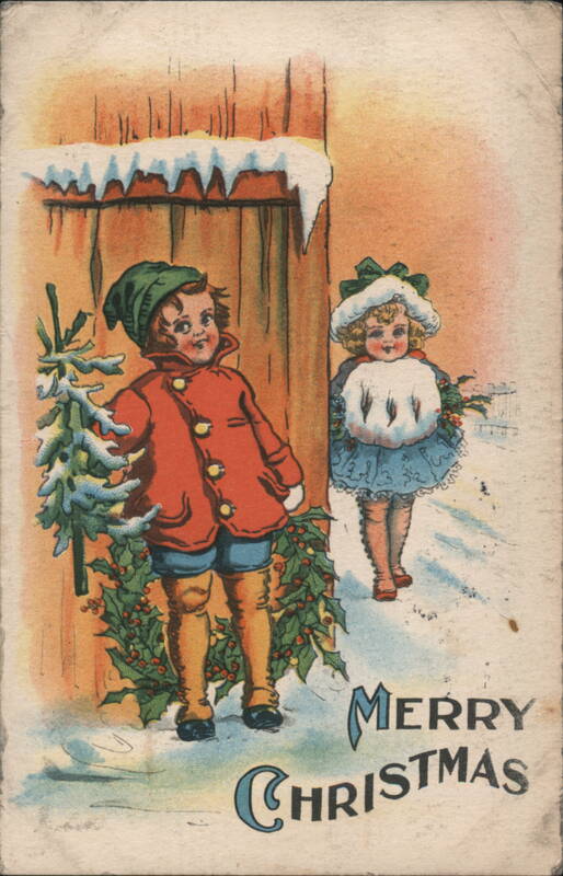 Merry Christmas Boy & Girl with Holly & Tree Children