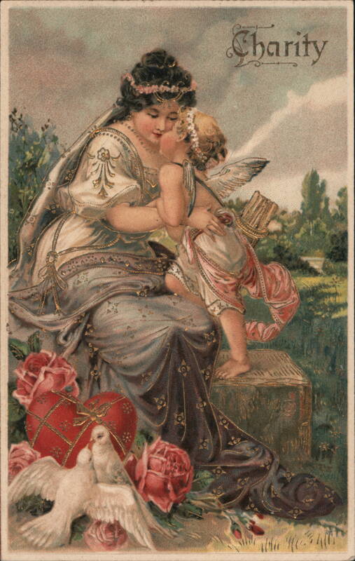 Charity Postcard, Woman & Cupid with Roses & Doves