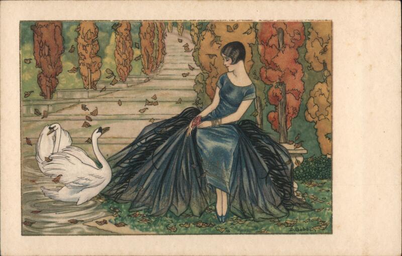 Woman in Blue Dress with Black Overskirt and Swans