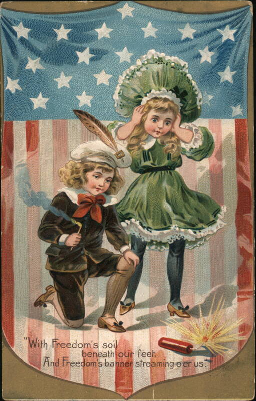 Two Children with Fireworks, Patriotic Fourth of July Postcard