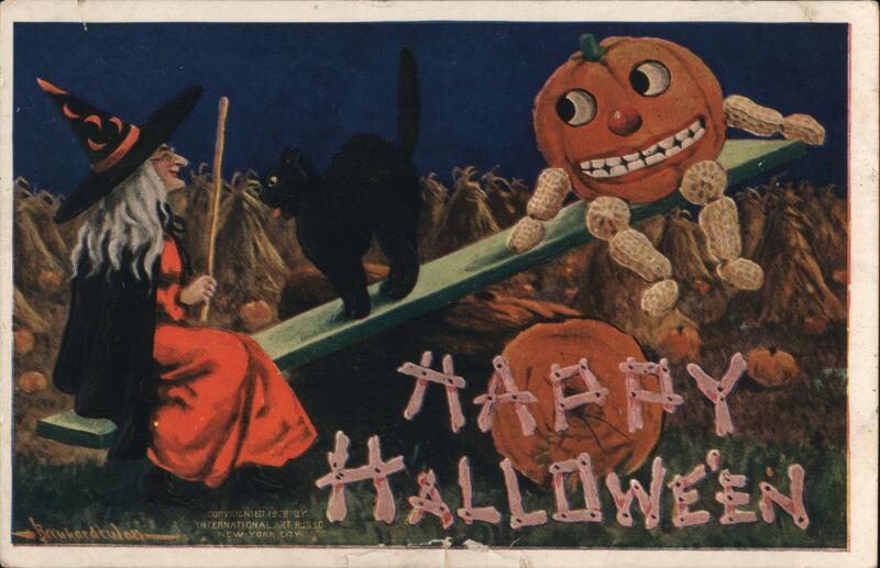 Happy Halloween Witch on Seesaw with Black Cat and Pumpkin Head