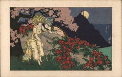 Couple on Balcony, Roses, Moonlit Night, D. Guidi Postcard