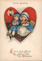 Love's Greeting, Valentine Children with Bank Book & Cookbook in Heart Greeting Card