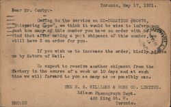 The R. S. Williams & Sons Co. Edison Phonograph Dept. Toronto Postcard