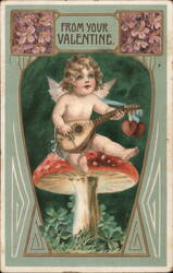 Cupid Playing Mandolin on Mushroom Valentine Postcard Postcard