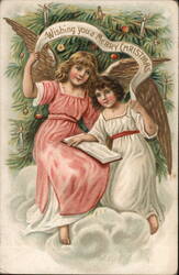 Two Angels with Christmas Tree, Wishing You a Merry Christmas Postcard