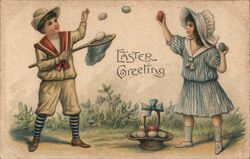 Boy & Girl with Easter Eggs, Antique Postcard Postcard